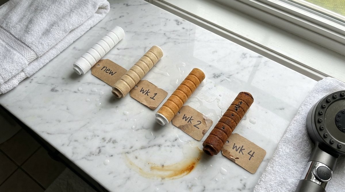 The same filter at week 1, 2 and 4 next to a new one