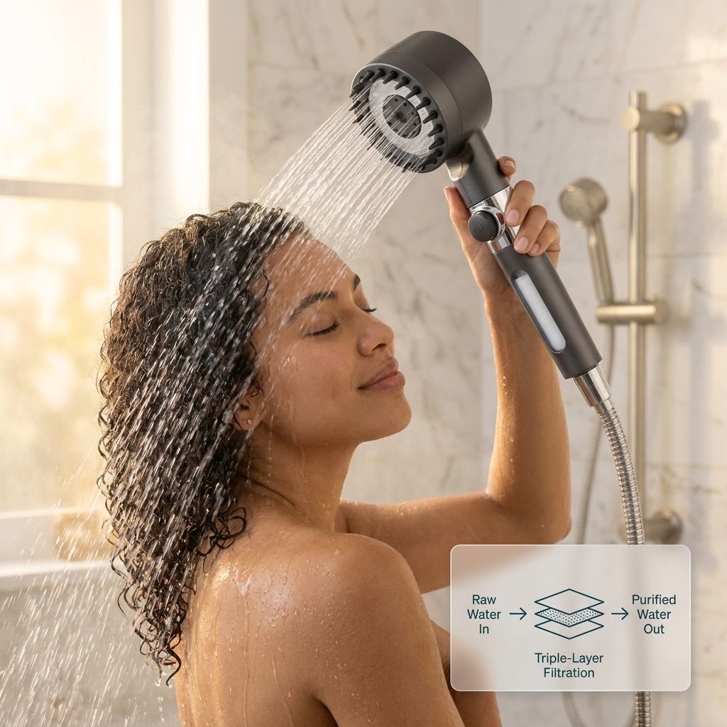 Woman rinsing her hair with the CONNECT filtered shower head
