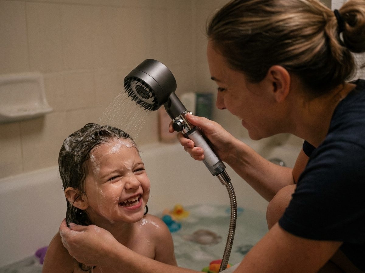 Mom rinsing her daughter with the gentle rain mode