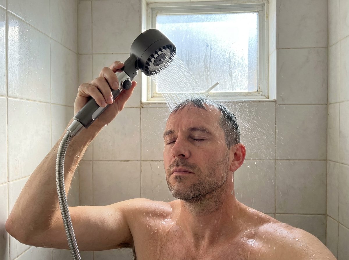 Man rinsing with the CONNECT filtered shower head