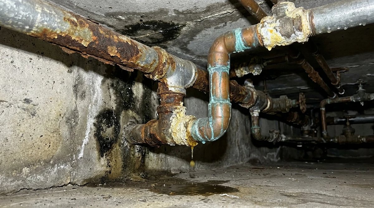Corroded copper and steel pipes dripping rusty water under a home