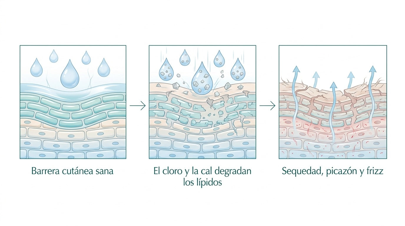 Diagrama: cómo el cloro y la cal degradan la barrera cutánea