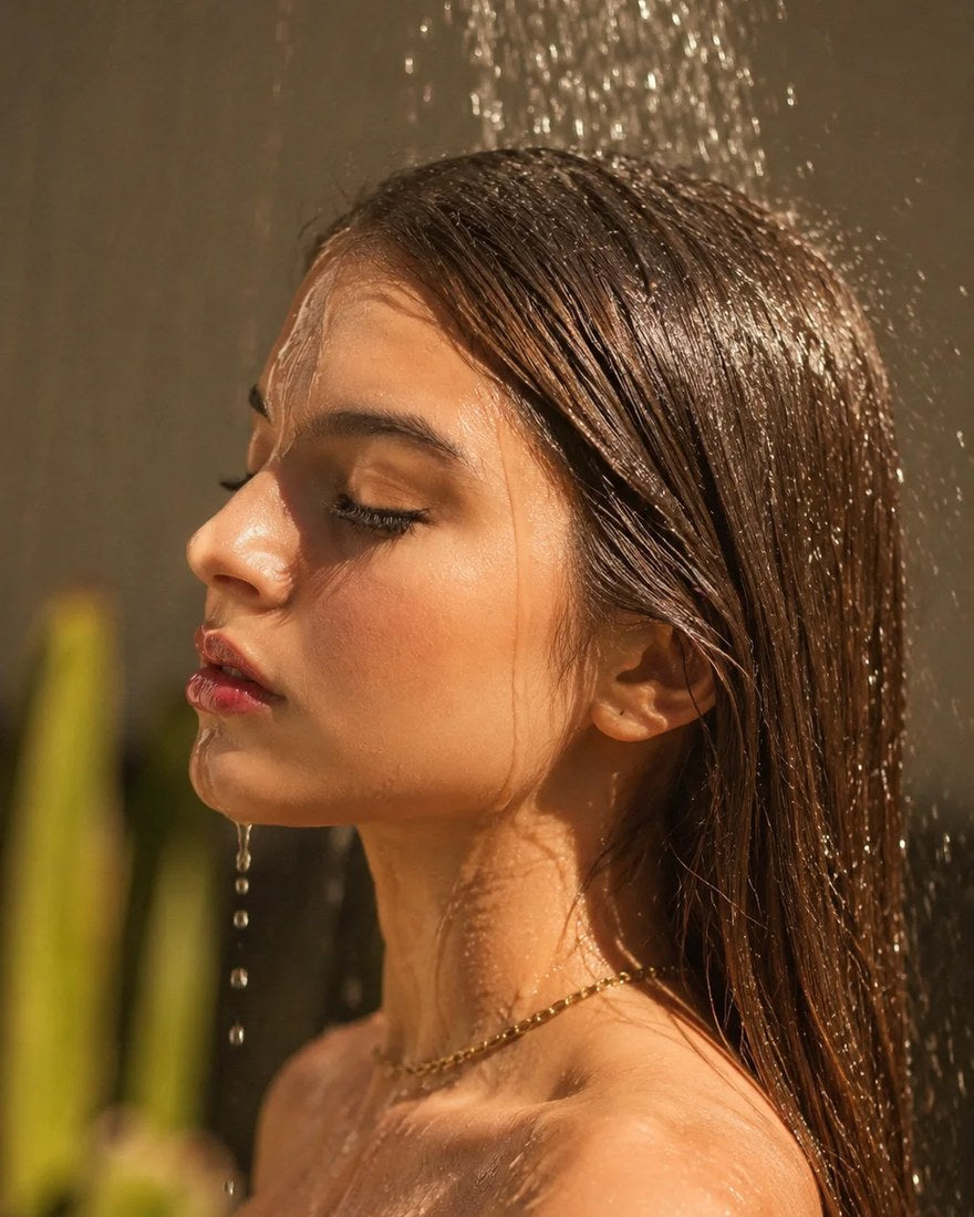 Woman rinsing her hair in the shower